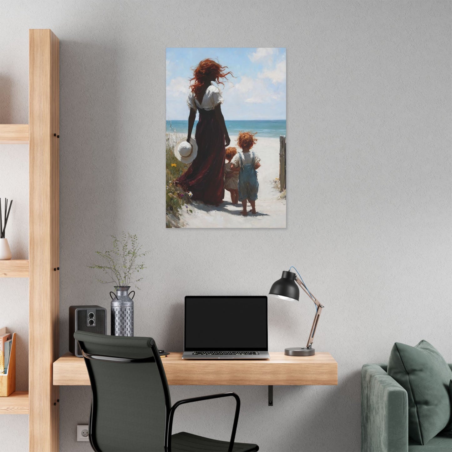 Beach Walk Canvas Print — Mother and Children Seaside Wall Art