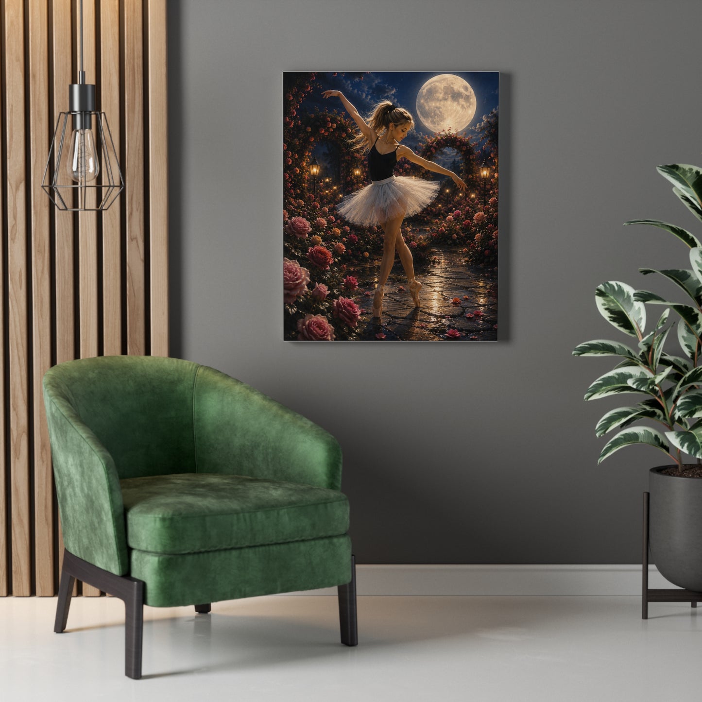 Ballet Moonlight Stretched Canvas — Dreamy Ballerina Night Garden Wall Art