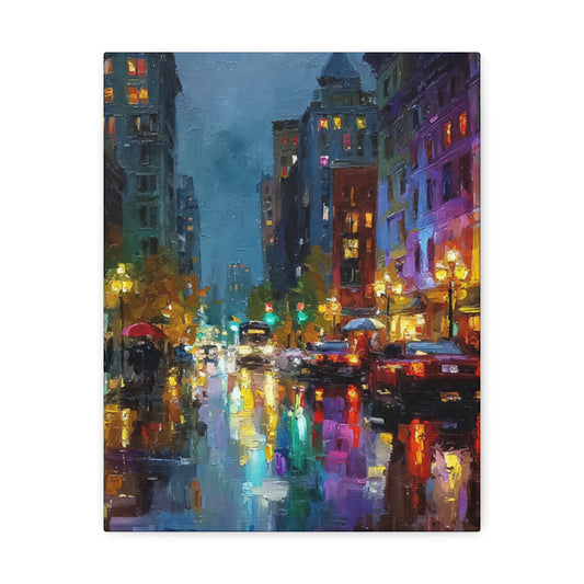 City Nightscape Stretched Canvas – Vibrant Rainy Street Urban Wall Art