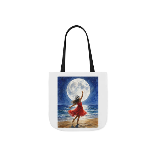 Moonlit Dance Canvas Tote Bag — Woman in Red Dress Beach Art Tote