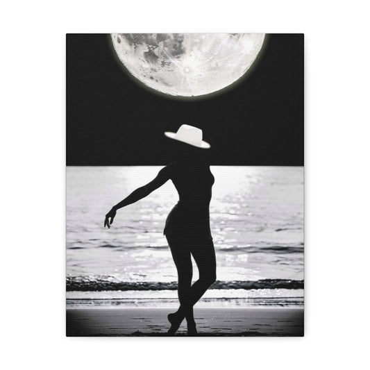 Silhouette at Moonlight – Beach Woman Stretched Canvas Wall Art