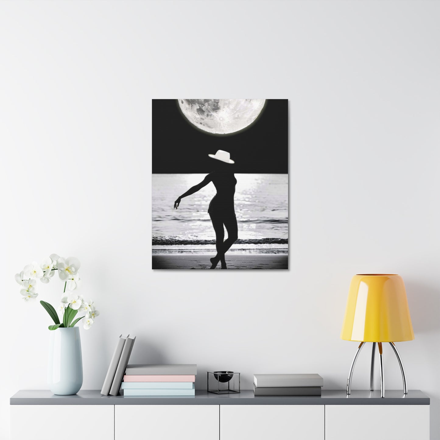 Silhouette at Moonlight – Beach Woman Stretched Canvas Wall Art