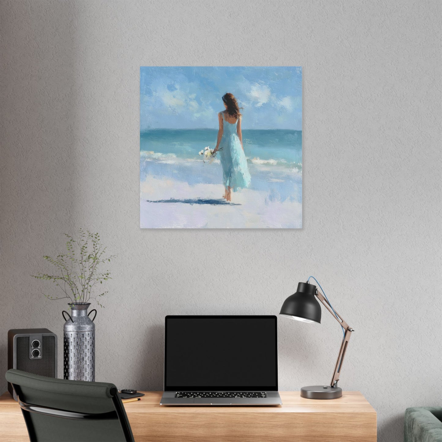 Coastal Serenity Canvas – Woman in Blue Beach Wall Art