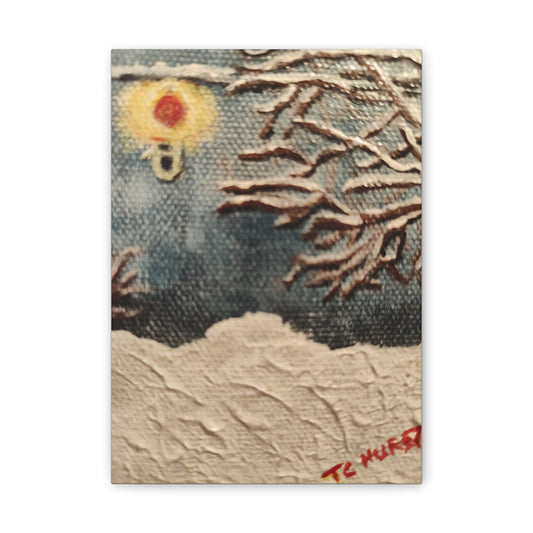 Winter Night Canvas Art – Stretched 0.75" Snowy Tree & Lantern Wall Print