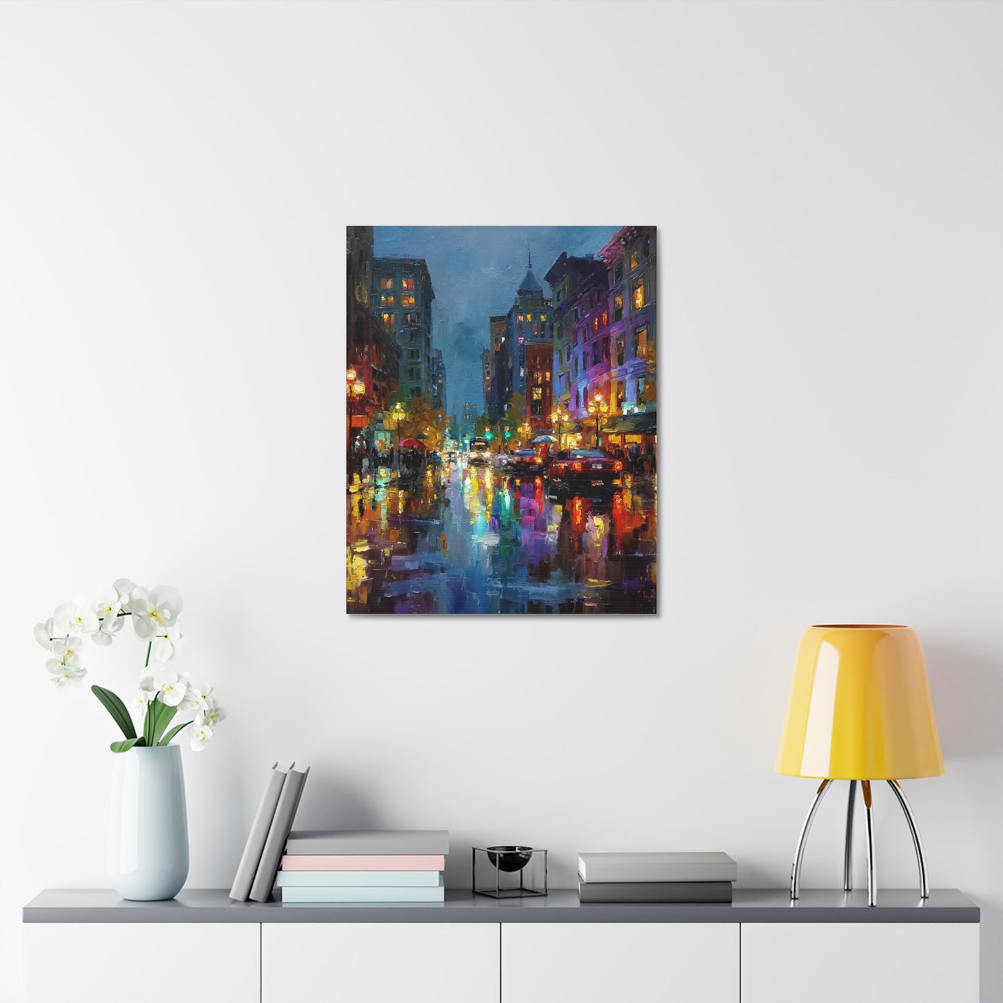 City Nightscape Stretched Canvas – Vibrant Rainy Street Urban Wall Art