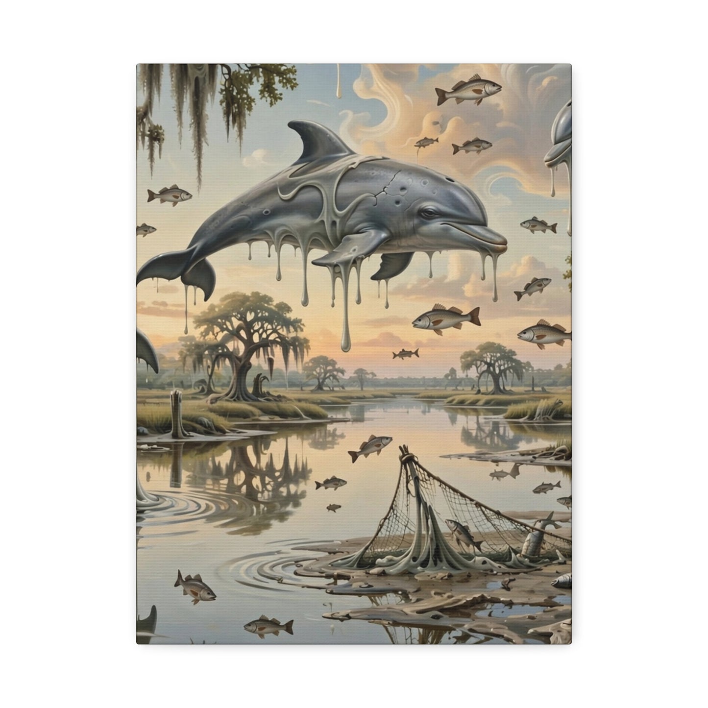 Surreal Dolphin Marsh Stretched Canvas – Dripping Sky Whales Art Print