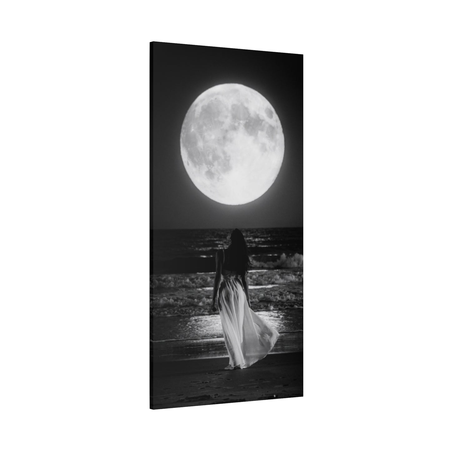 Moonlit Beach Canvas Wall Art — Woman Walking Toward Full Moon (Black & White)