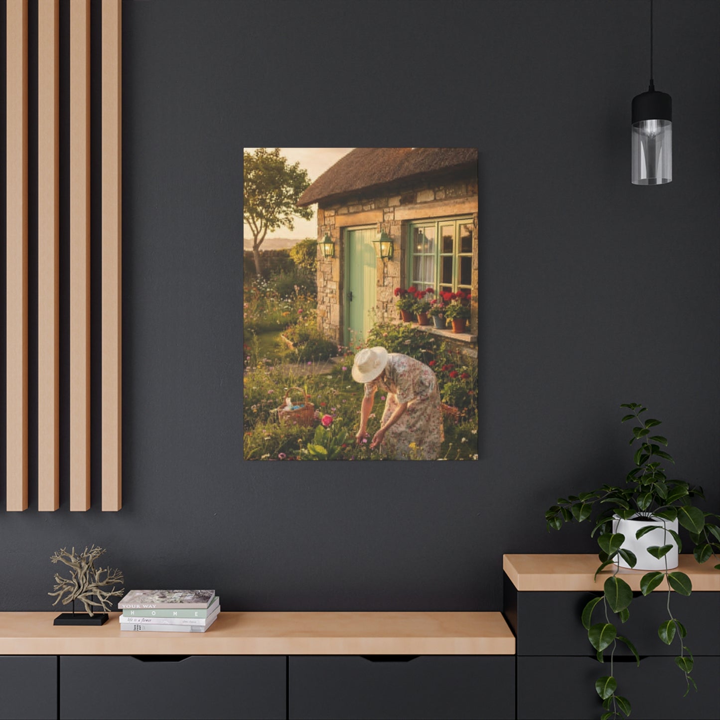 Cottage Garden Canvas Print — Woman Tending Flowers Matte Stretched Wall Art
