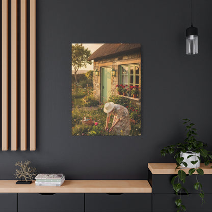Cottage Garden Canvas Print — Woman Tending Flowers Matte Stretched Wall Art