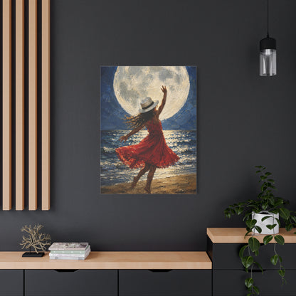 Moonlit Dance Canvas Wall Art – Woman in Red Dress Beach Painting