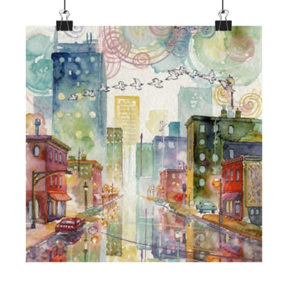 Watercolor Cityscape Matte Poster — Vibrant Urban Street Art Print