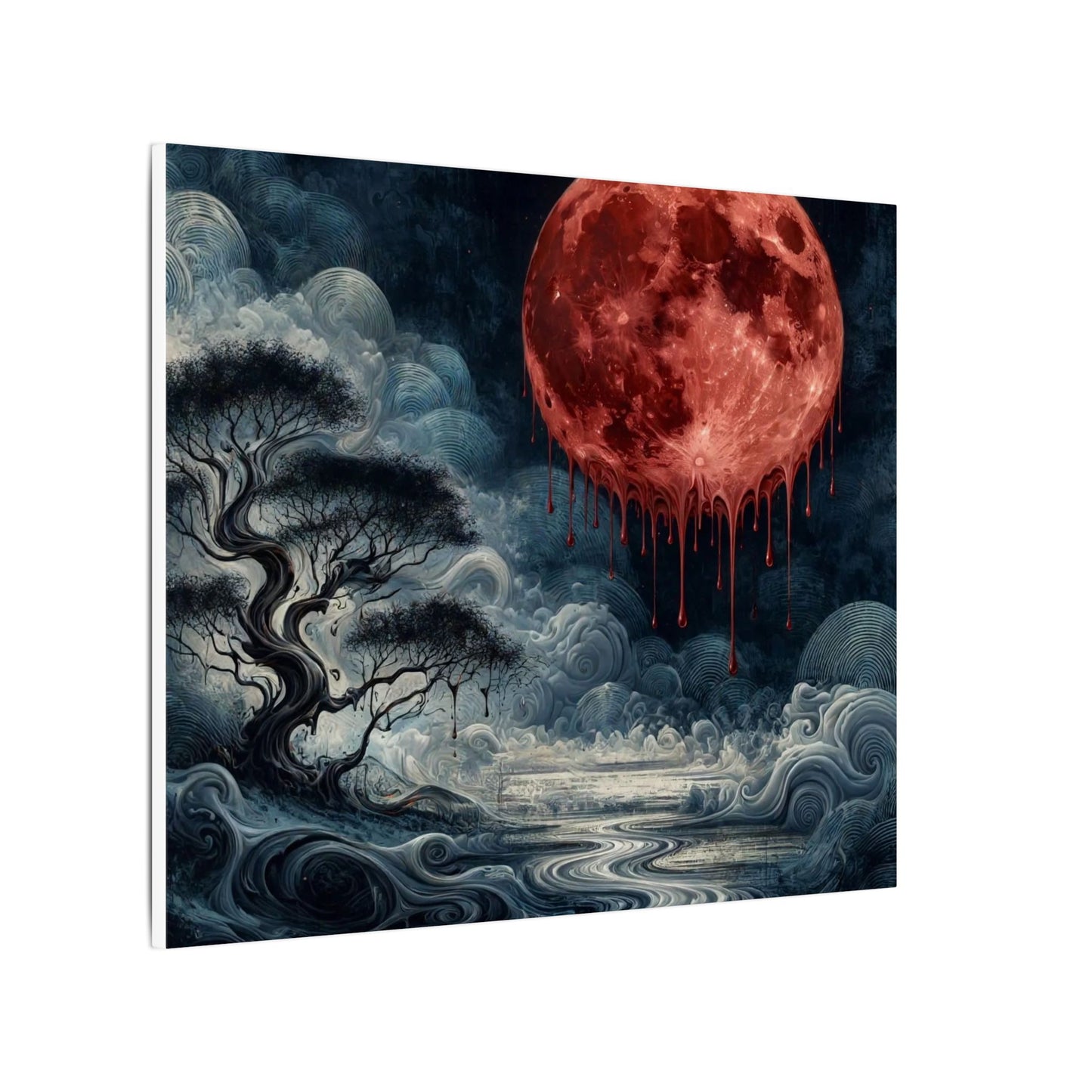 Blood Moon Canvas Art – Dripping Red Moon Over Misty Landscape, Matte Stretched Wall Art