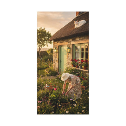 Cottage Garden Canvas Print — Woman Tending Flowers Matte Stretched Wall Art