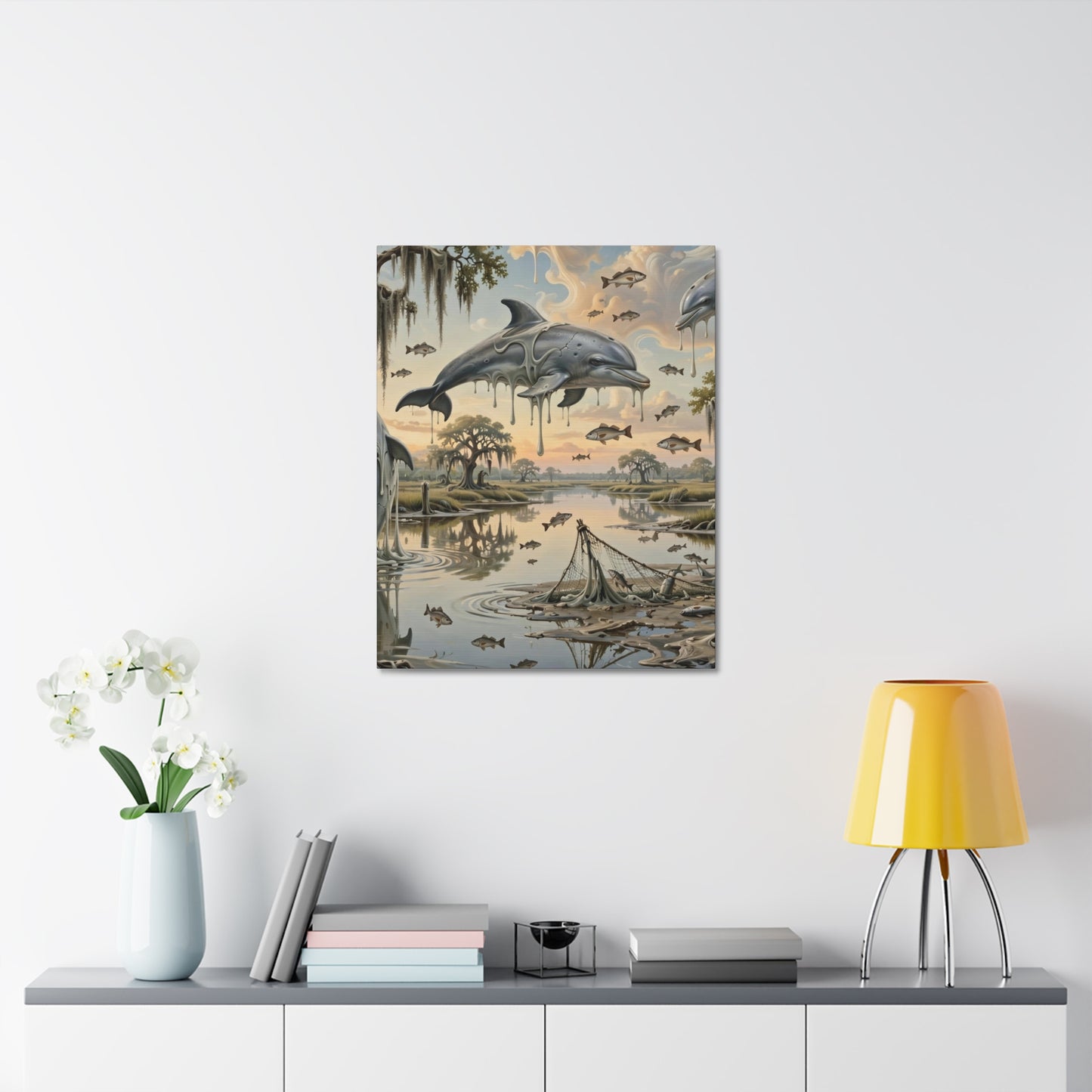 Surreal Dolphin Marsh Stretched Canvas – Dripping Sky Whales Art Print