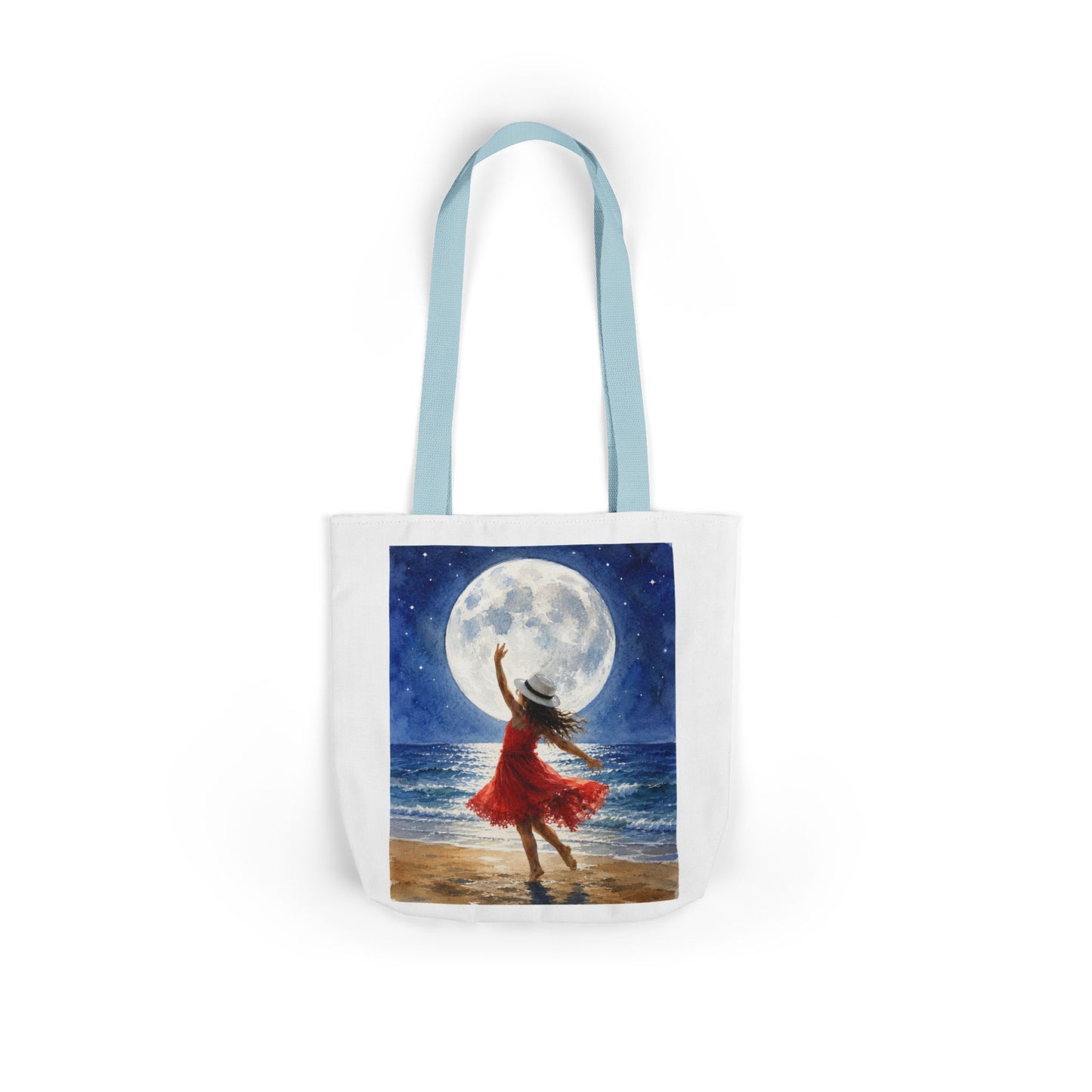 Moonlit Dance Canvas Tote Bag — Woman in Red Dress Beach Art Tote
