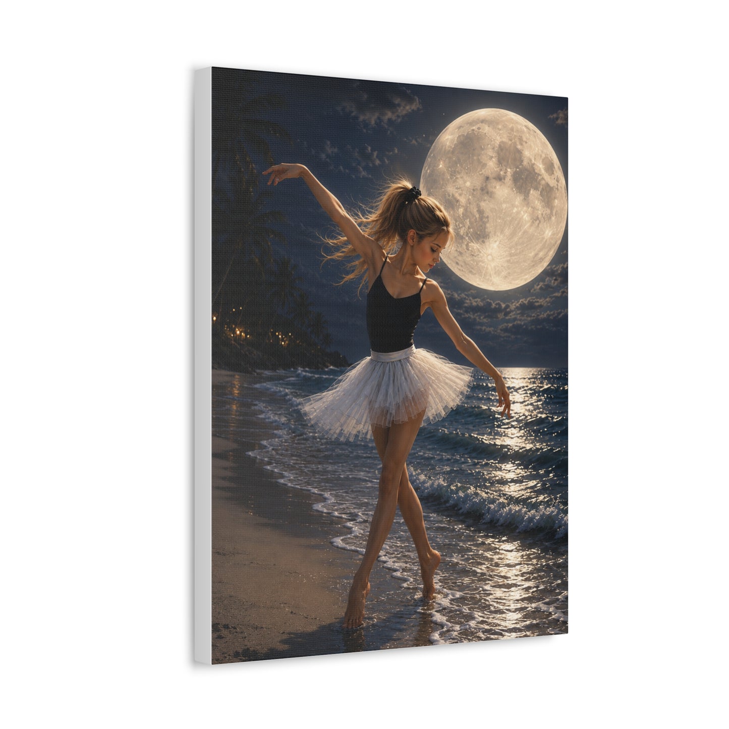 Ballerina Moonlit Beach Stretched Canvas — Dreamy Dance Wall Art