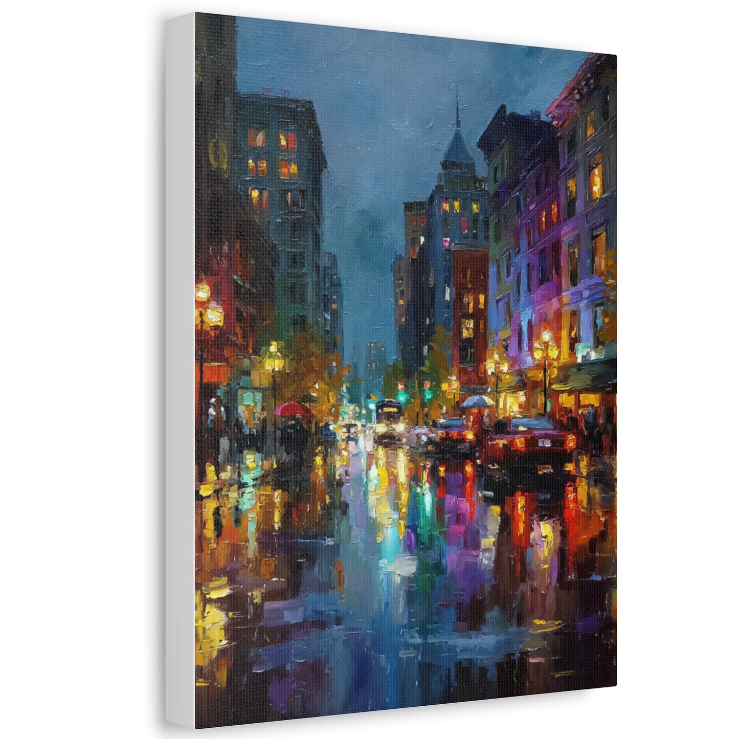 City Nightscape Stretched Canvas – Vibrant Rainy Street Urban Wall Art
