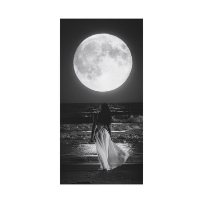 Moonlit Beach Canvas Wall Art — Woman Walking Toward Full Moon (Black & White)