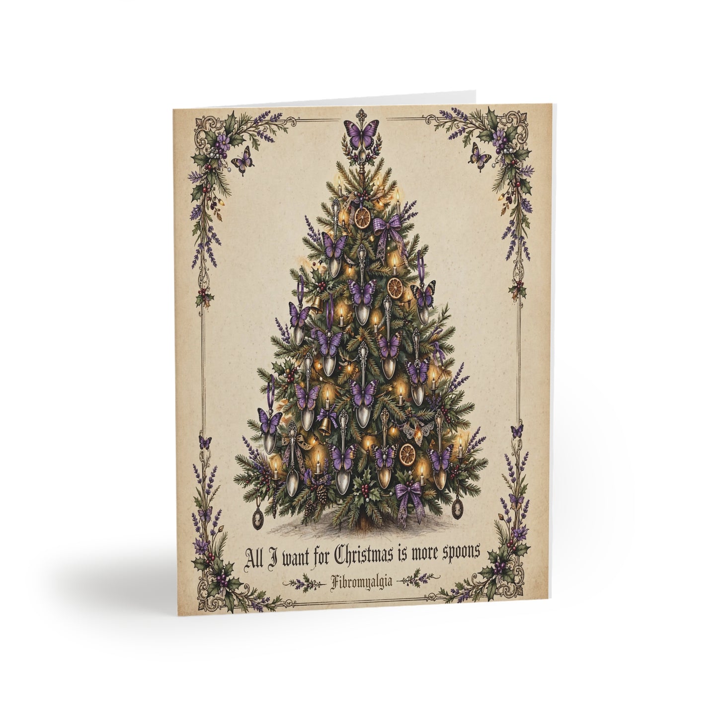 Vintage Christmas Tree Greeting Cards — 'All I Want for Christmas Is More Spoons' (8/16/24 pcs)