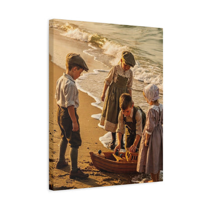 Vintage Children at the Beach Matte Canvas Wall Art (Stretched 1.25")