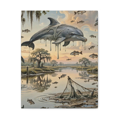 Surreal Dolphin Marsh Stretched Canvas – Dripping Sky Whales Art Print