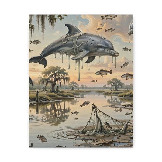 Surreal Dolphin Marsh Stretched Canvas – Dripping Sky Whales Art Print