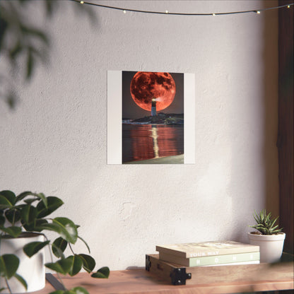 Red Moon Lighthouse Matte Vertical Poster — Surreal Coastal Wall Art