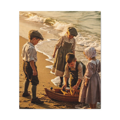 Vintage Children at the Beach Matte Canvas Wall Art (Stretched 1.25")