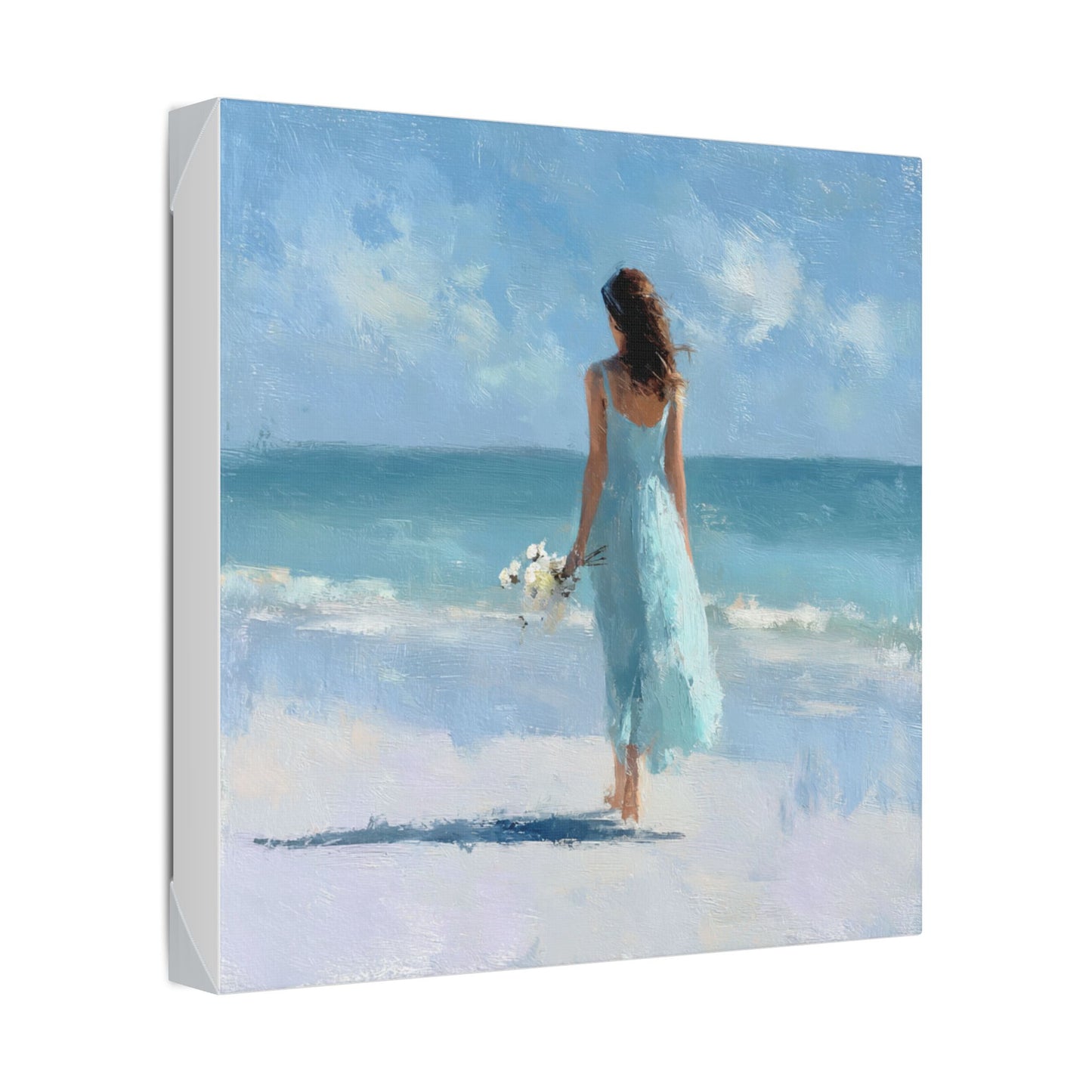 Coastal Serenity Canvas – Woman in Blue Beach Wall Art