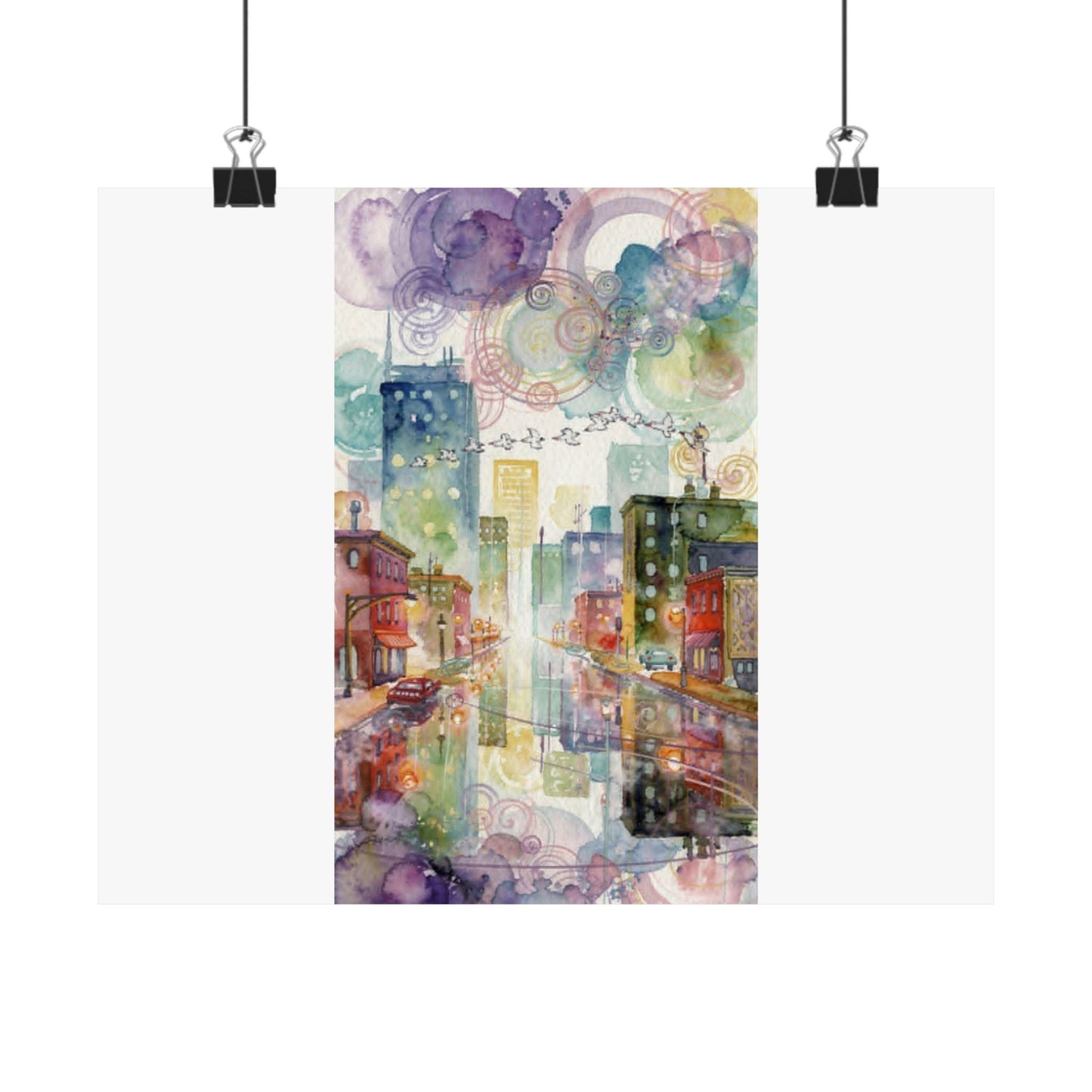 Watercolor Cityscape Matte Poster — Vibrant Urban Street Art Print