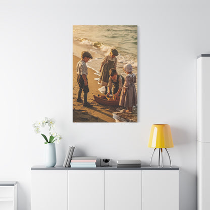 Vintage Children at the Beach Matte Canvas Wall Art (Stretched 1.25")