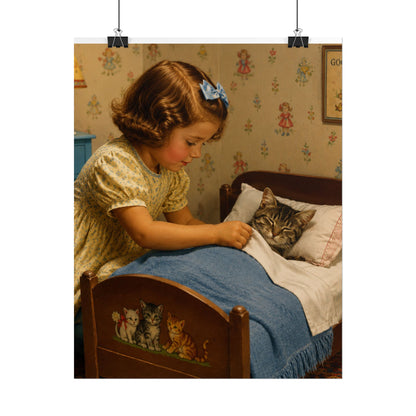 Vintage Nursery Poster — Girl Tucking Kitten into Bed (Rolled Poster)