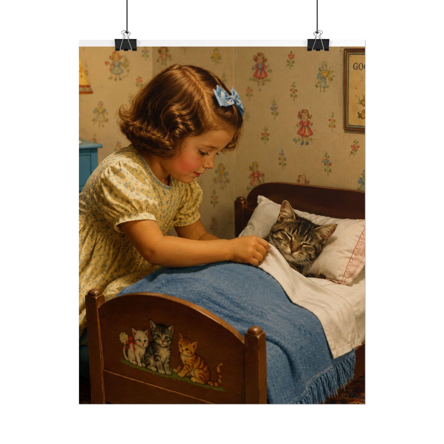 Vintage Nursery Poster — Girl Tucking Kitten into Bed (Rolled Poster)