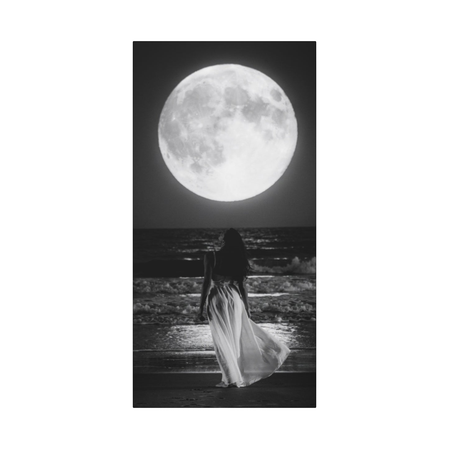 Moonlit Beach Canvas Wall Art — Woman Walking Toward Full Moon (Black & White)