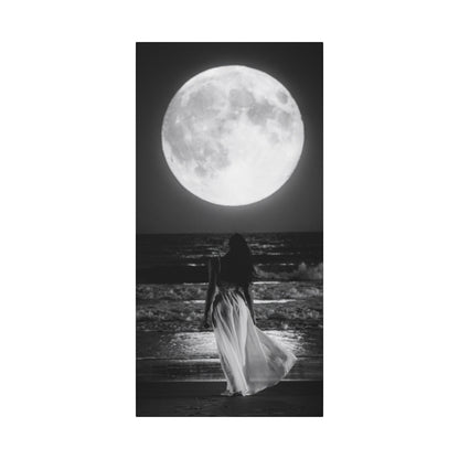 Moonlit Beach Canvas Wall Art — Woman Walking Toward Full Moon (Black & White)