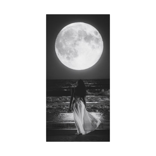 Moonlit Beach Canvas Wall Art — Woman Walking Toward Full Moon (Black & White)