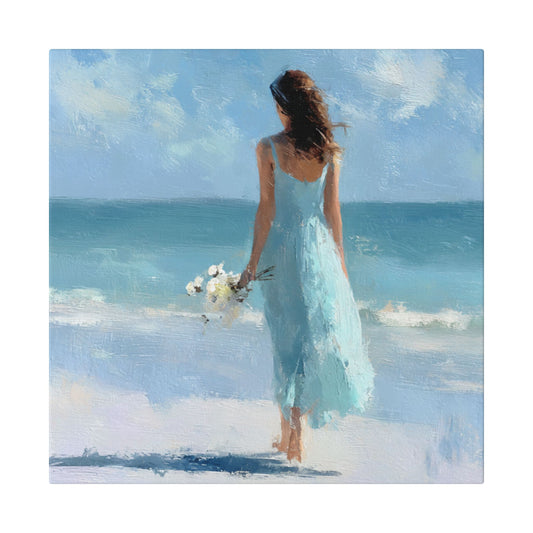 Coastal Serenity Canvas – Woman in Blue Beach Wall Art