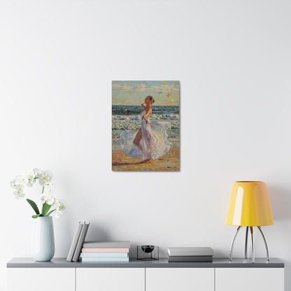 Beach Stroll Canvas Print — Woman in Flowing White Dress Seaside Wall Art