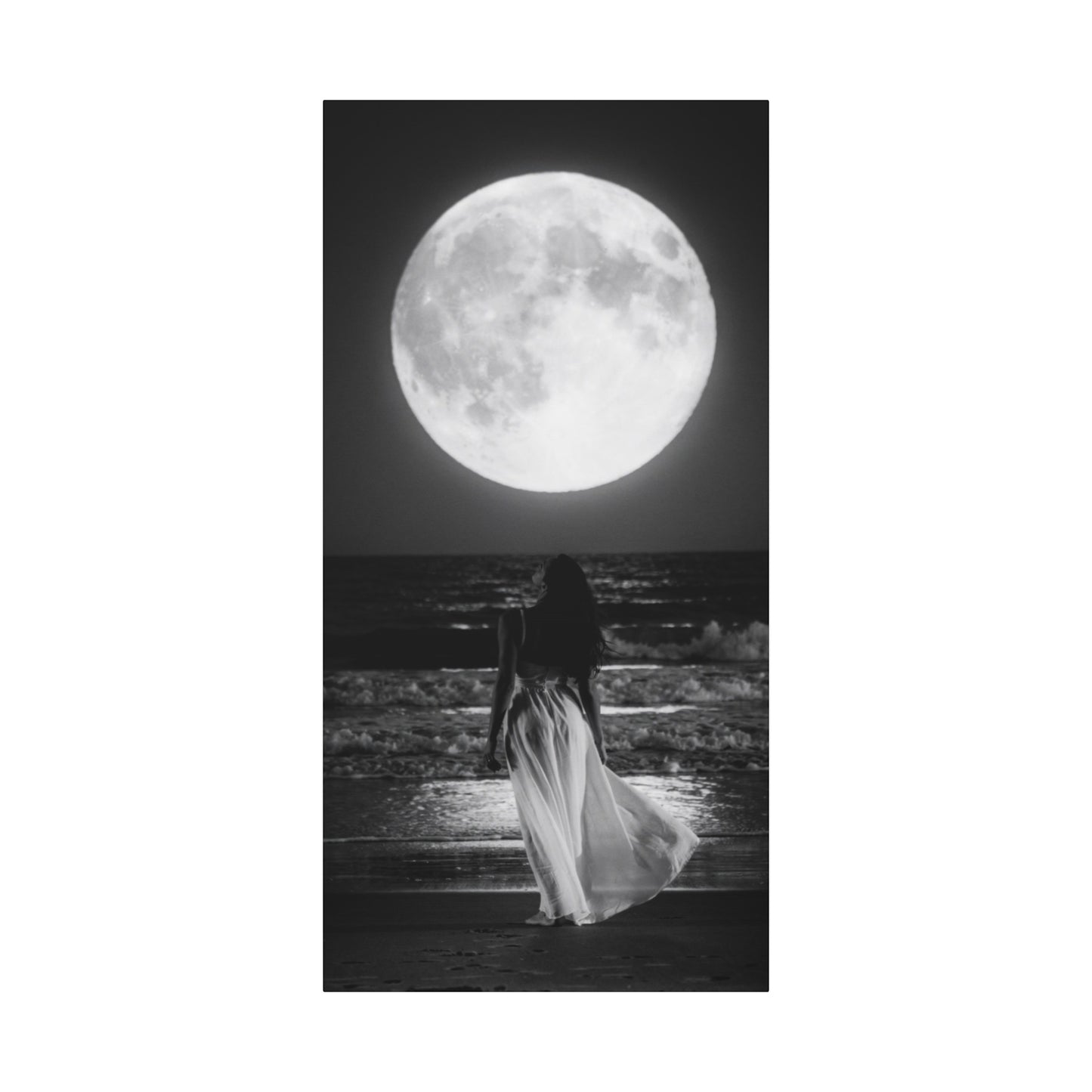 Moonlit Beach Canvas Wall Art — Woman Walking Toward Full Moon (Black & White)