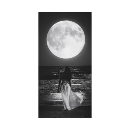 Moonlit Beach Canvas Wall Art — Woman Walking Toward Full Moon (Black & White)