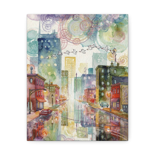 Cityscape Watercolor Stretched Canvas Wall Art — Dreamy Urban Skyline