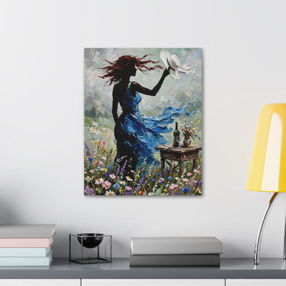 Canvas Wall Art – 'Windy Day' Woman in Blue Dress Painting (Stretched Canvas)