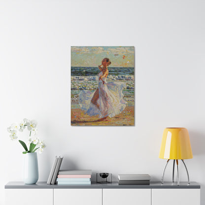Beach Stroll Canvas Print — Woman in Flowing White Dress Seaside Wall Art