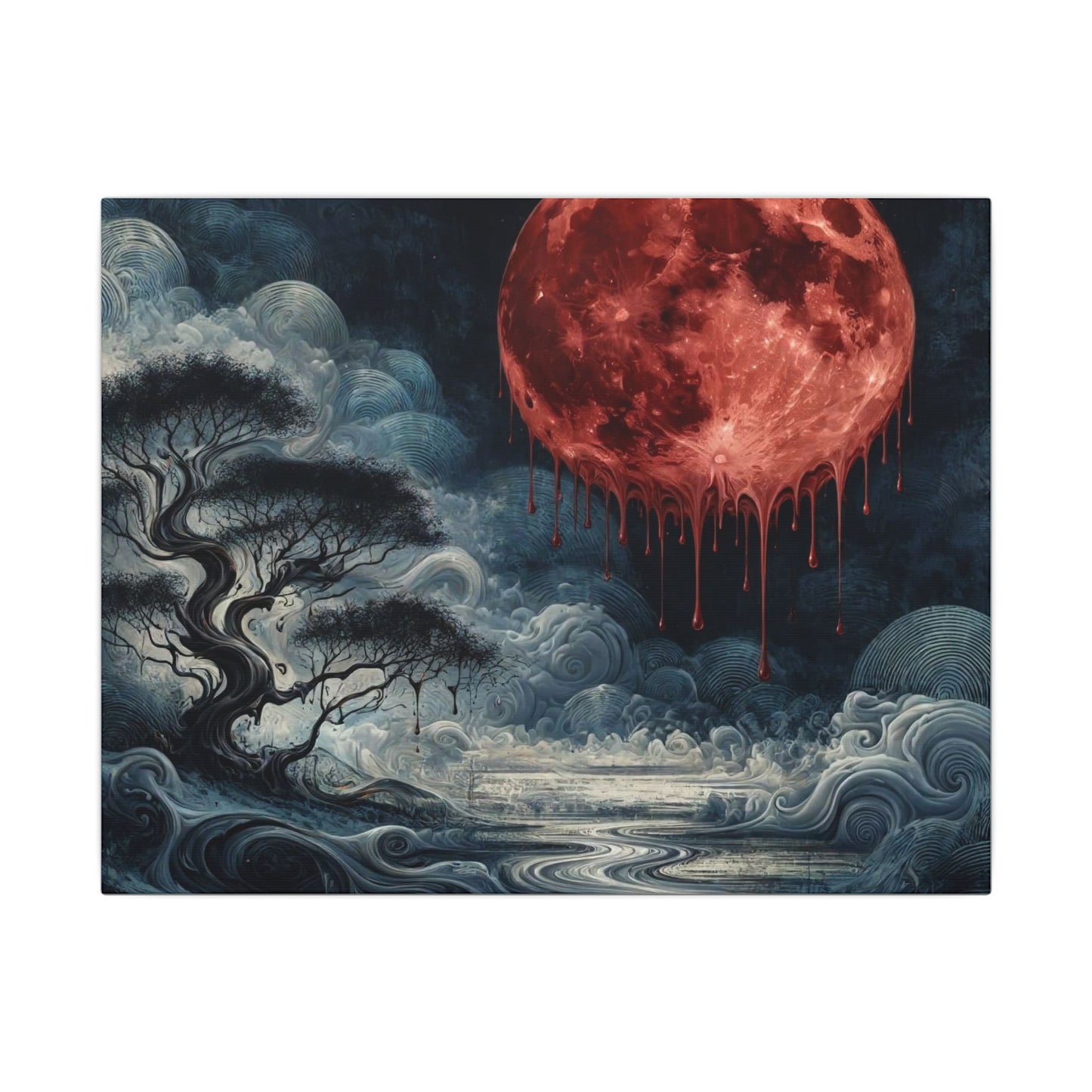 Blood Moon Canvas Art – Dripping Red Moon Over Misty Landscape, Matte Stretched Wall Art