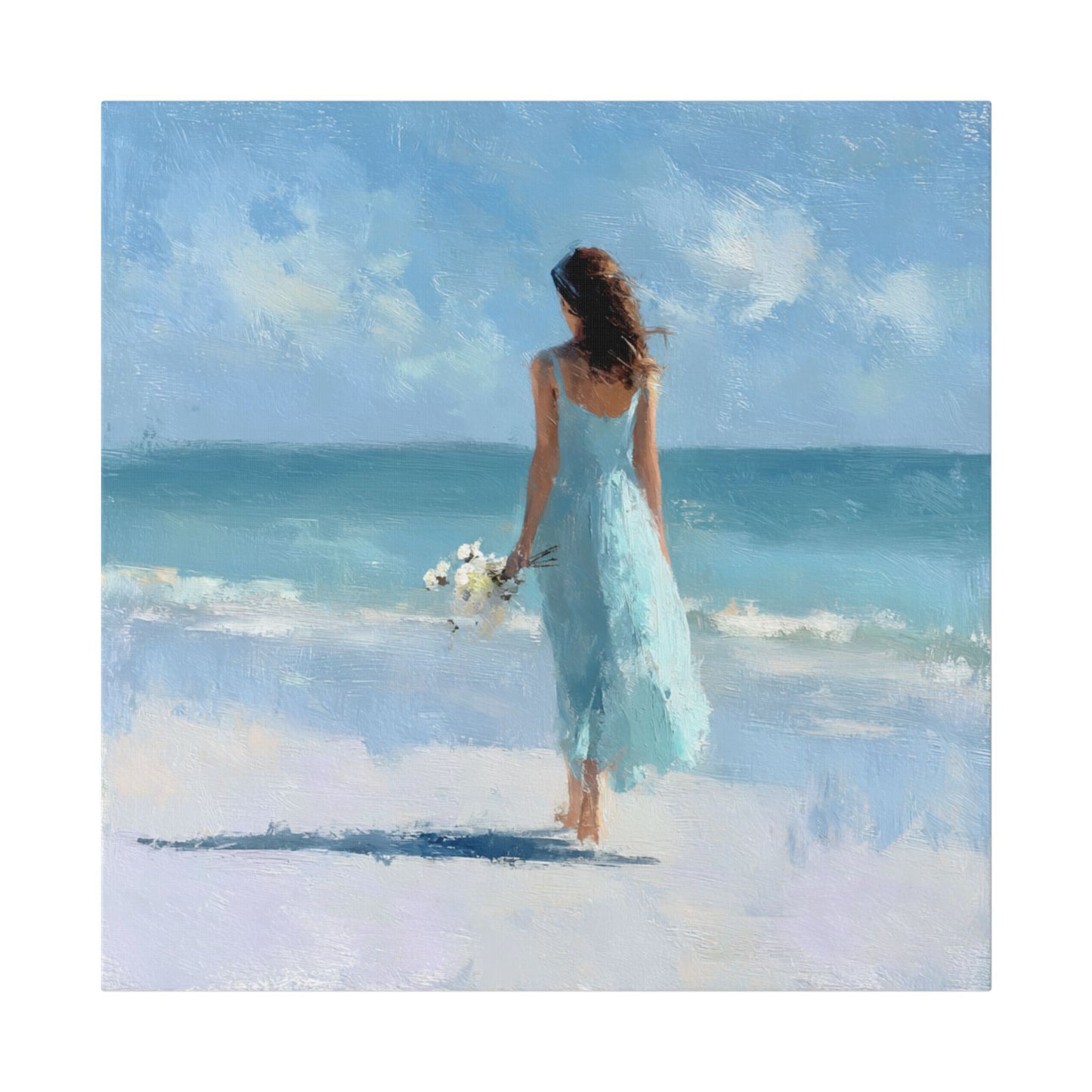 Coastal Serenity Canvas – Woman in Blue Beach Wall Art