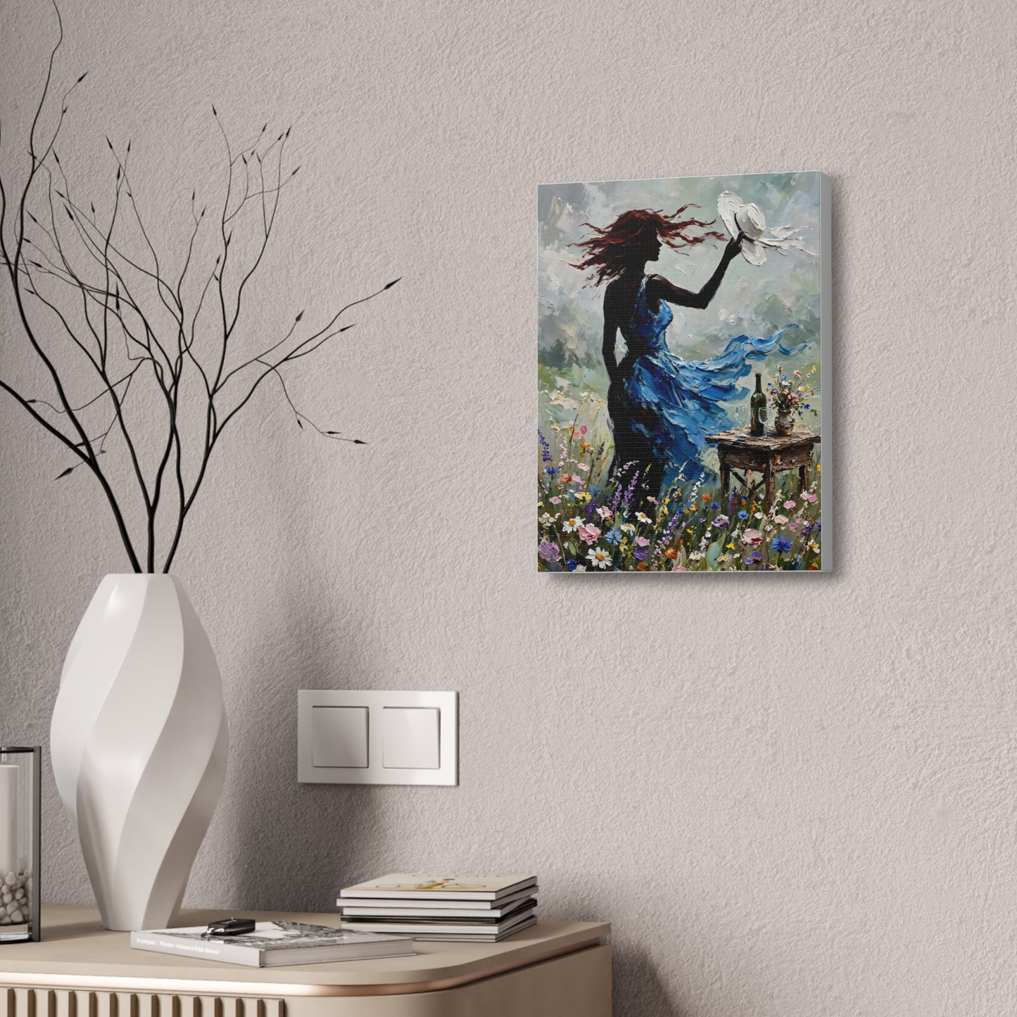 Canvas Wall Art – 'Windy Day' Woman in Blue Dress Painting (Stretched Canvas)