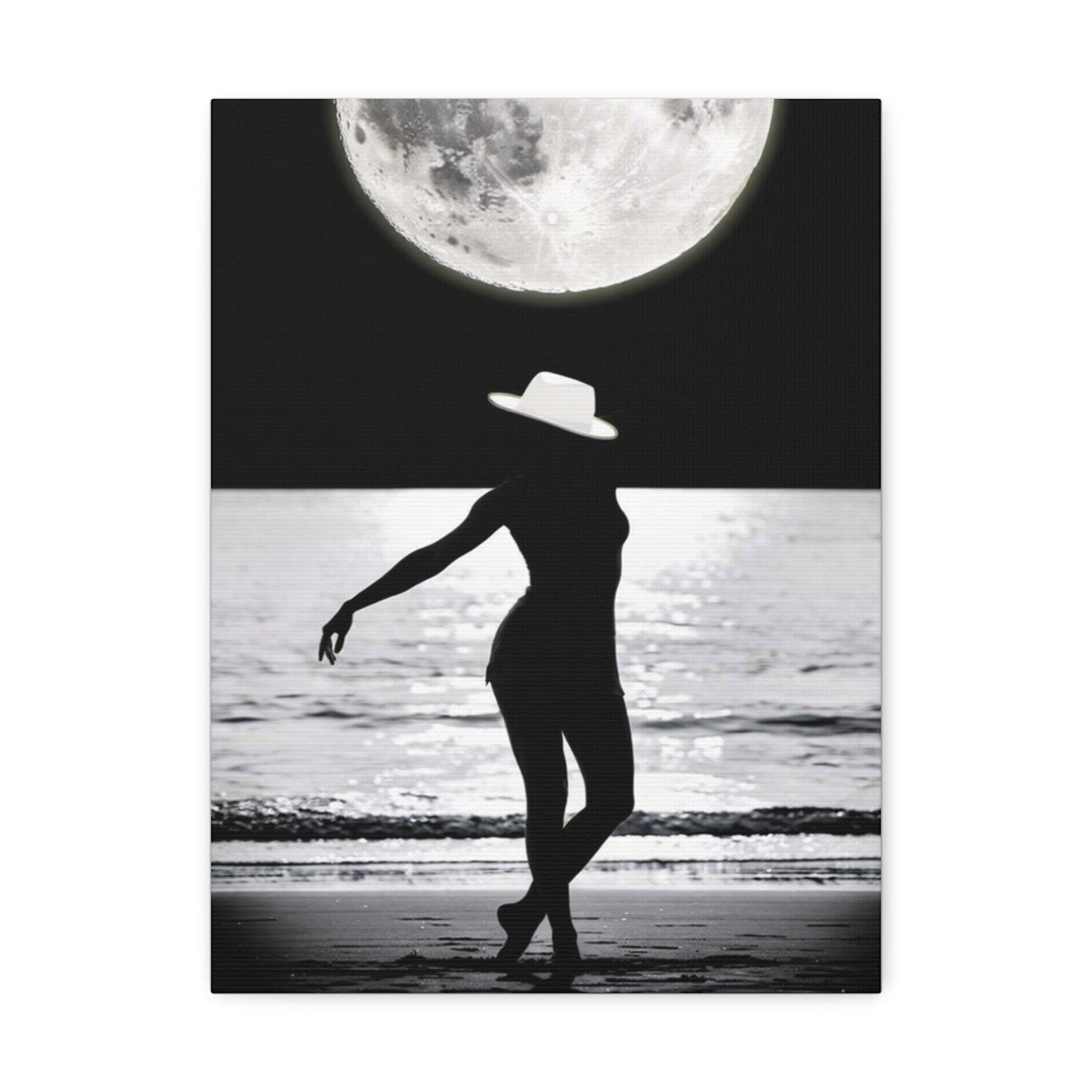 Silhouette at Moonlight – Beach Woman Stretched Canvas Wall Art