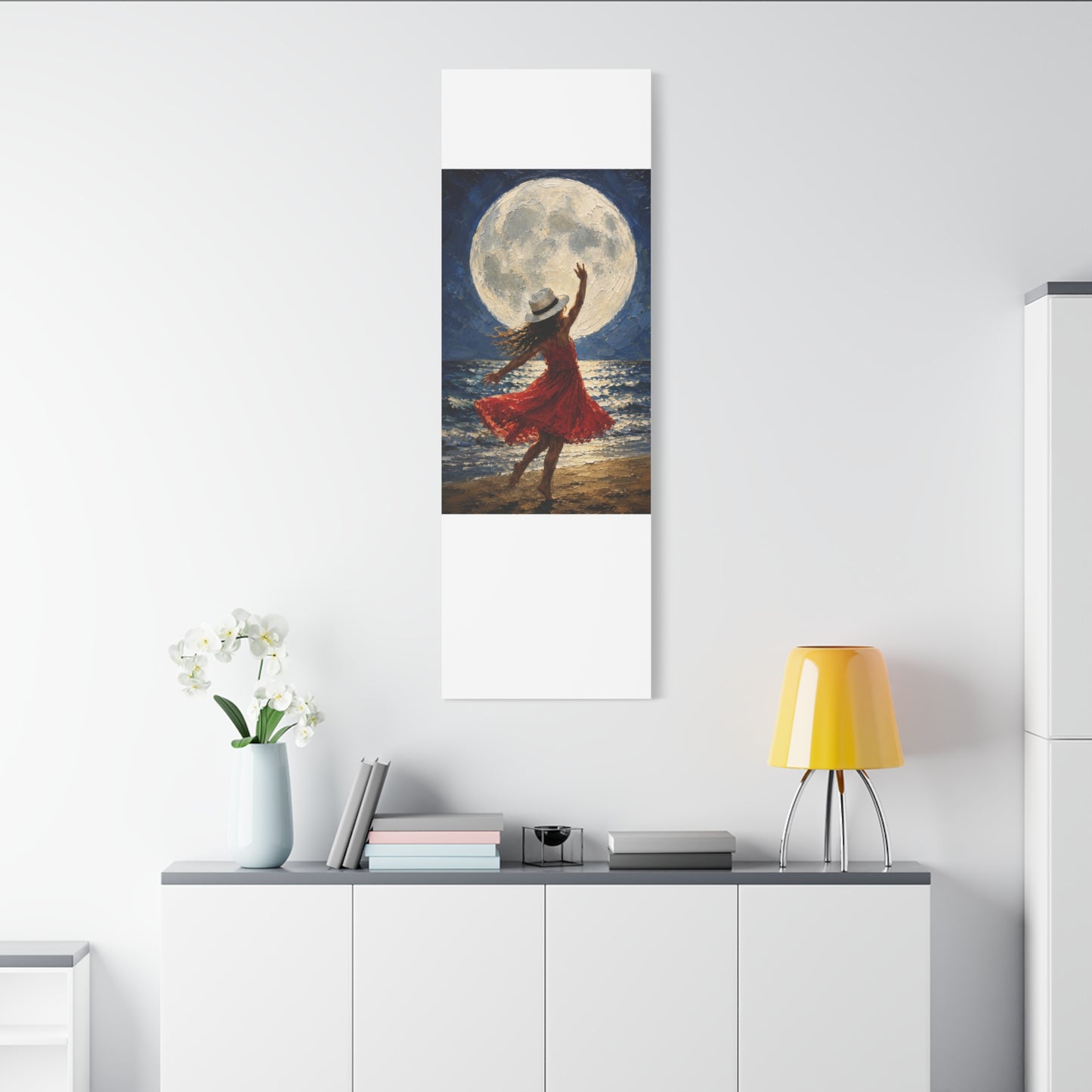 Moonlit Dance Canvas Wall Art – Woman in Red Dress Beach Painting