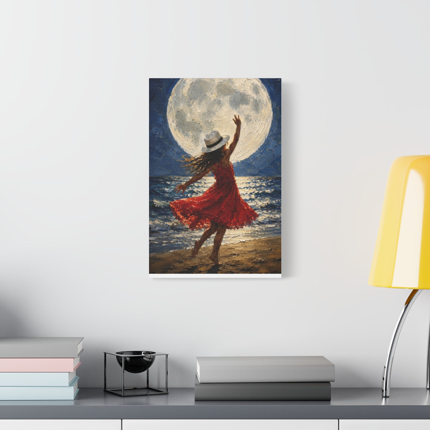Moonlit Dance Canvas Wall Art – Woman in Red Dress Beach Painting