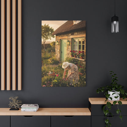 Cottage Garden Canvas Print — Woman Tending Flowers Matte Stretched Wall Art